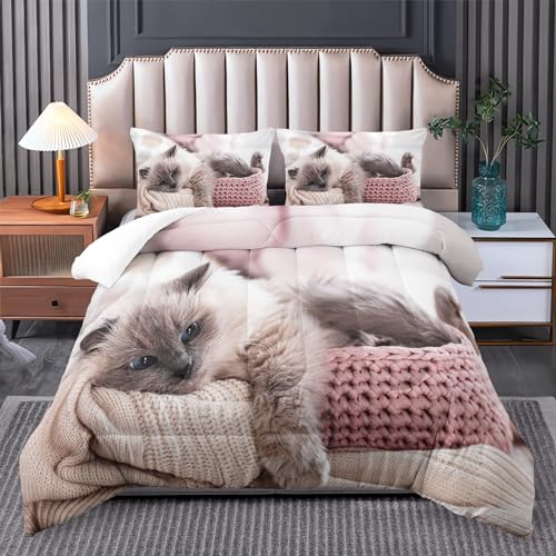 Tuzaovy Queen Cat Comforter Set for Girls, Kawaii Bedding