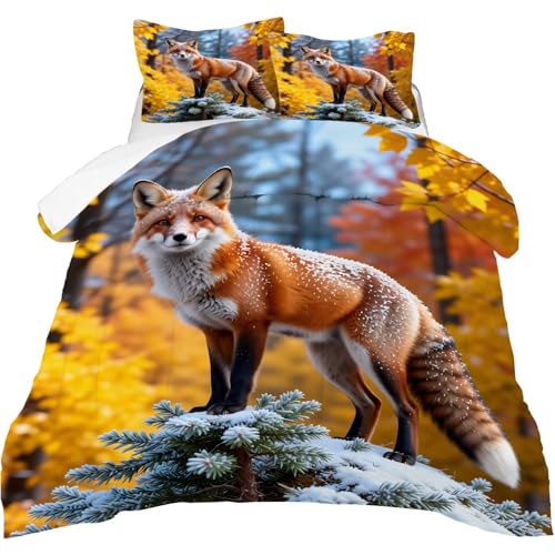Image of Wildlife Fox Comforter Set Full Size Red Fox Snowy Pine Tree Print Bedding Sets for Girls Boys Kids Adults Bedroom Decor Autumn Forest Quilt 1 Comforter 2 Pillowcases