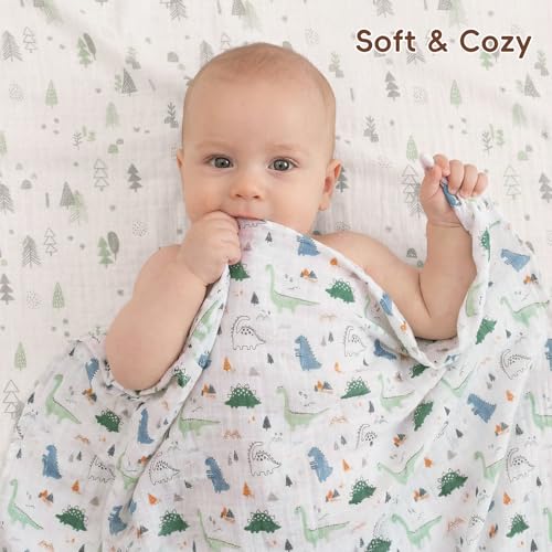 Image of david's kids 3 Pack Baby Muslin Swaddle Blankets, 100% Cotton and Ultra Soft Breathable Receiving Blanket Wrap for Boys Girls, New Born Essentials, Large 47 x 47 inches, Dinosaur