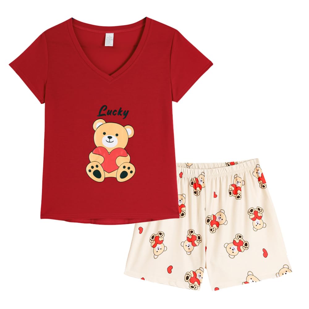 VENTELAN Pajama Set For Women Cute PJS Summer Short Sleeve Shorts Sleepwear Medium Red-bear