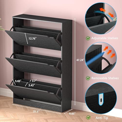 Image of BORNOON Shoe Storage Cabinet with 3 Flip Drawers,Narrow Shoe Rack Cabinet,Freestanding Organizer Storage for Entryway, Hallway, Black