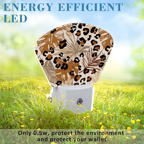 Image of Abstract Leopard Tropical Leaves Night Light Plug into Wall, Camouflage Spots Leaves Night Light with Dusk to Dawn Sensor for Kid Girls Boys Women Men Room, Hallway, Kitchen, Bathroom, Stairs Decor