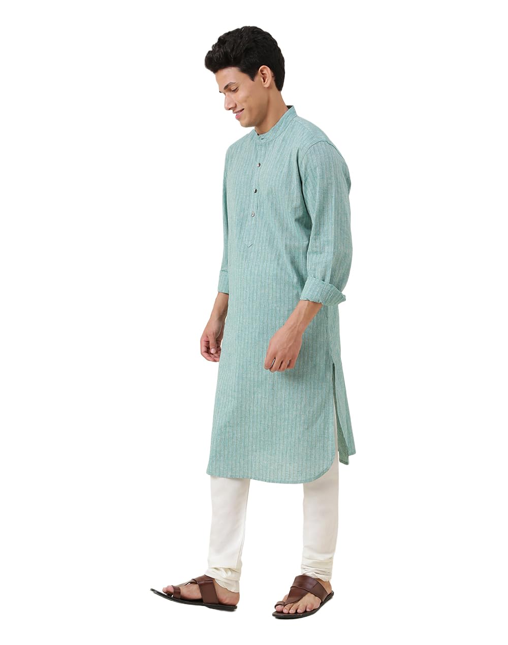 fabindia Green Cotton Linen Striped Slim Fit Long Kurta-picture-10