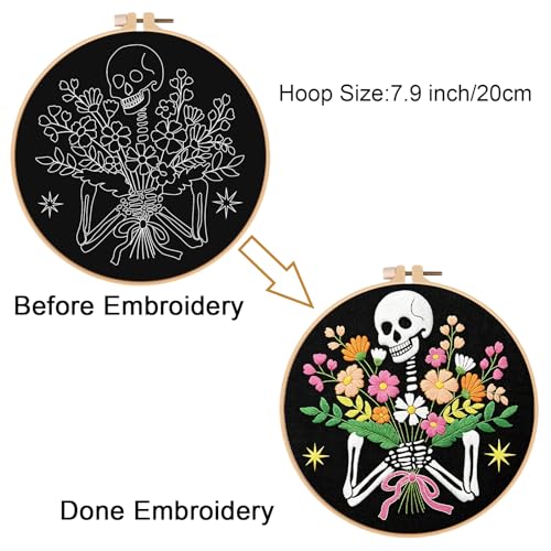 Image of Louise Maelys Halloween Skeleton Flower Embroidery Kit for Beginners Adults | Needlepoint kit Includes 1 Printed Fabric, 7.9'' Hoop, Threads, 2 Needles and Instructions. Cross Stitch Kits for Home Decor