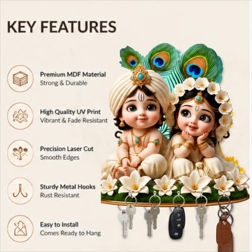 Image of Radha Krishna Wall Key Holder with 5 Hooks, Decorative Wooden Key Hanger for Home Entrance, Living Room & Pooja Room, Devotional Home Decor & Gifting