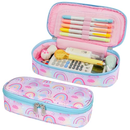 Image of Cute Kids Pencil Case - Girls Pen Pouch Large School Organizer | Pen Bag & Smooth Zipper, Multi-Slot Storage, Mesh Pocket, 900D Water Resistent, Giftable School Supplies, Purple Rainbow