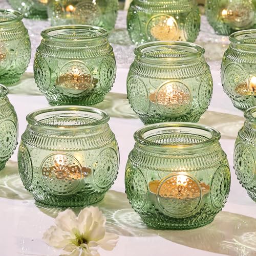 Lot de 12 bougeoirs votifs verts en verre vert pour mariage, fête prénatale, bougies votives vintage pour décoration d'intérieur, Thanksgiving, Noël