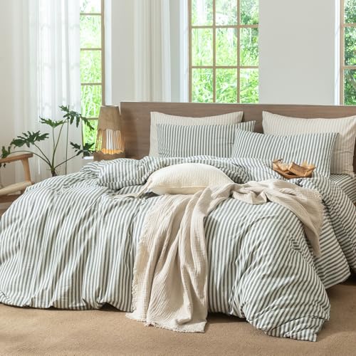 Image of MooMee Striped Duvet Cover Set 100% Washed Cotton Linen Like Cal King | Relaxed Linen-like Texture. Soft, Breathable & Long-lasting Comfort. Lightweight. Hidden Zipper with 8 Interior Corner Ties