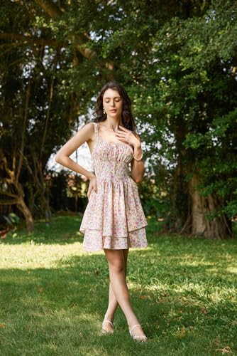Image of Scarlet Darkness Floral Mini Corset Dress for Women Teen 2026 Summer Spring Flowy A-Line Sundress with Pockets