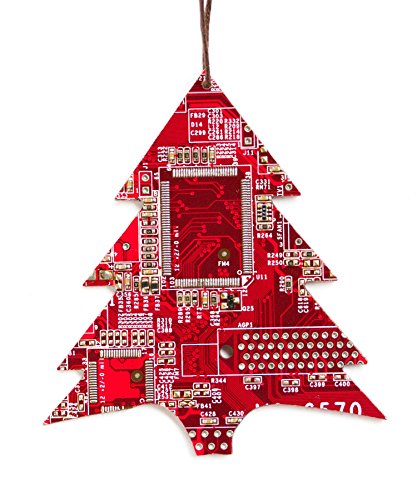 Christmas Tree Ornament, recycled circuit board, gift for computer geeks (red)