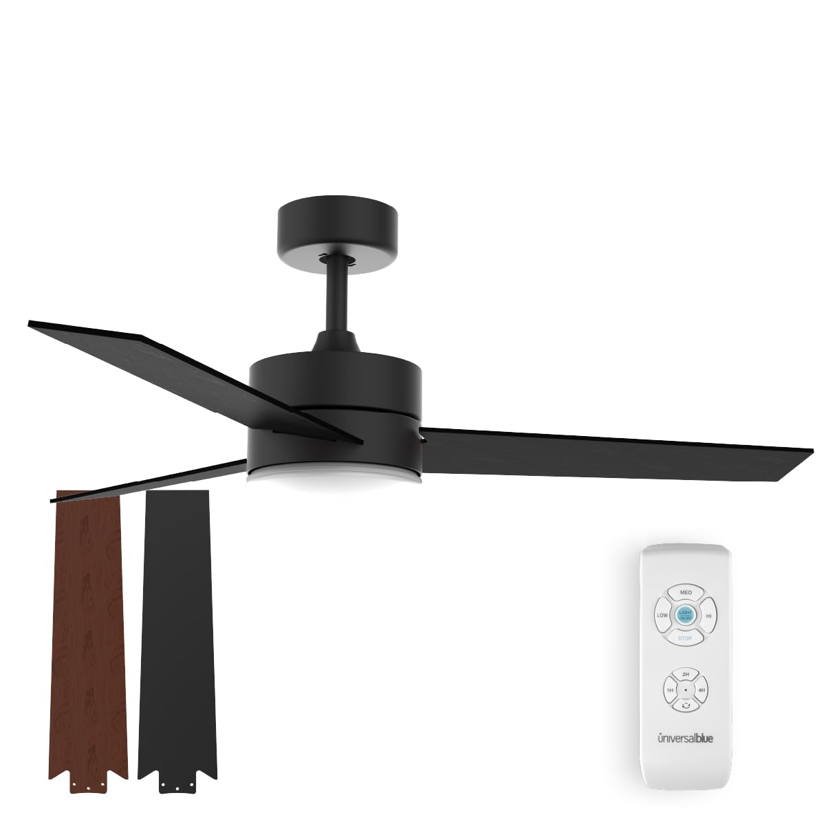 UNIVERSALBLUE | Ventilador de techo con luz LED | Ventilador silencioso con Motor DC | Aspas reversibles color negro y marrón | 3 Aspas Reversibles Marrón | Mando a Distancia | 3 velocidades