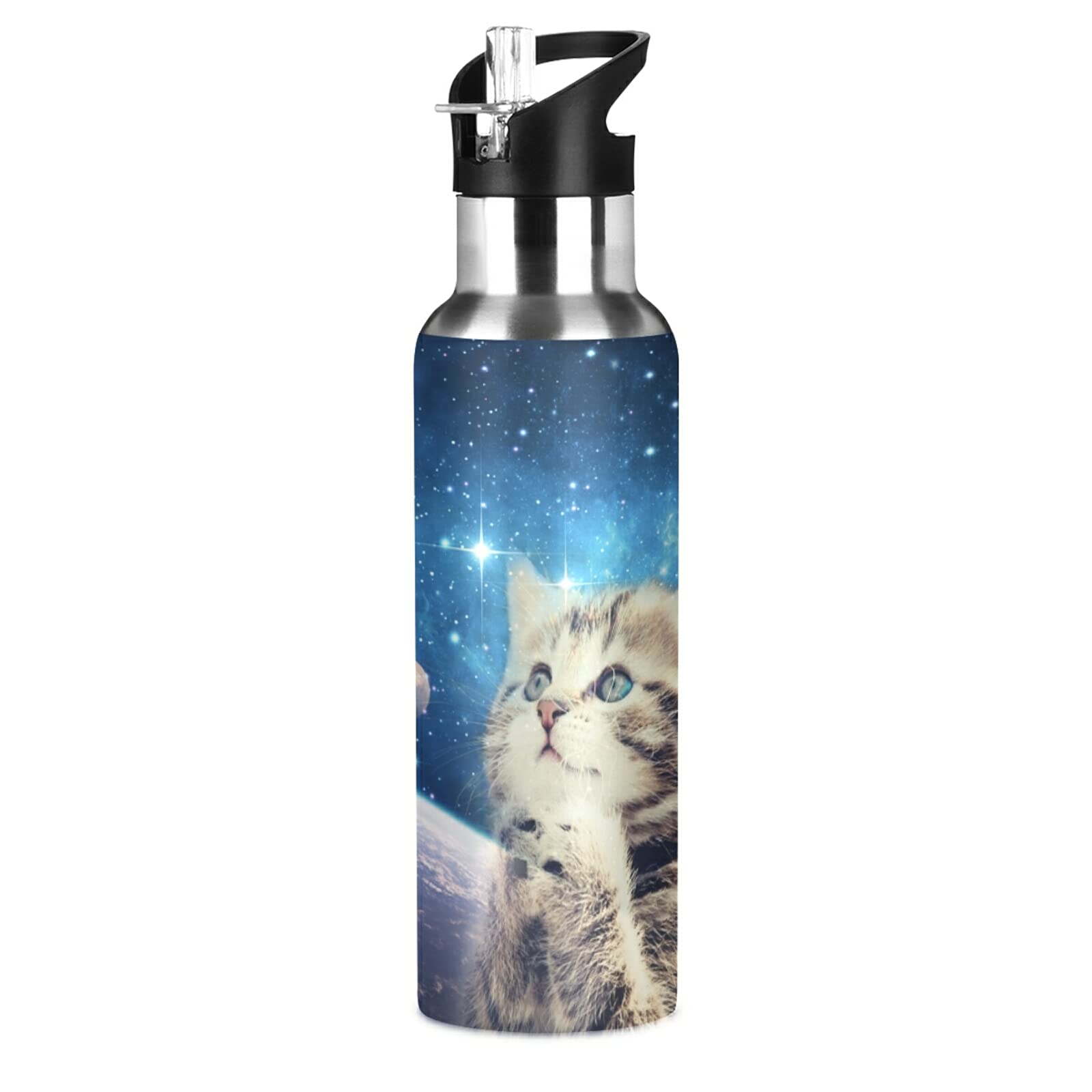 Qilmy Galaxy Moon Cat Prayer Vacuum Insulated Water Bottle with Straw Lid 22oz Double Wall Stainless Steel Sports Water Bottle for Travel Sport, Hot