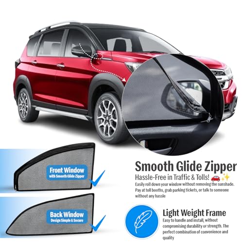 Image of Autofact Magnetic Car Sunshades Compatible with Maruti XL6 (2019 to 2024) (Set of 4) - Easy Installation, UV Protection, Keeps Car Cool (Front 2 with Zippers for Easy Access, Rear 2 Without Zippers)