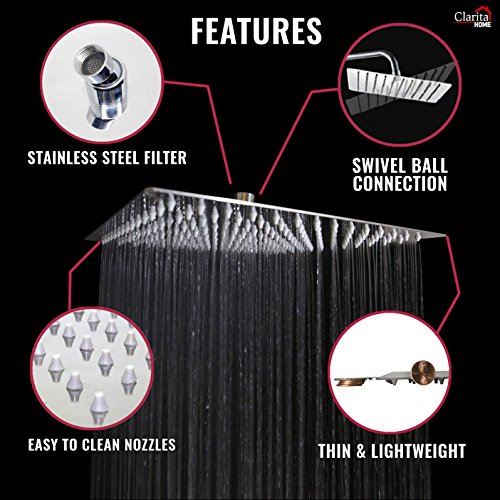 12 Inch Rainfall Shower Head - 12” Square, Stainless Steel Chrome, The Extra Large Showerhead Pumps High Pressure Rain Fall For A Powerful Rainforest Waterfall Feeling #TOP1