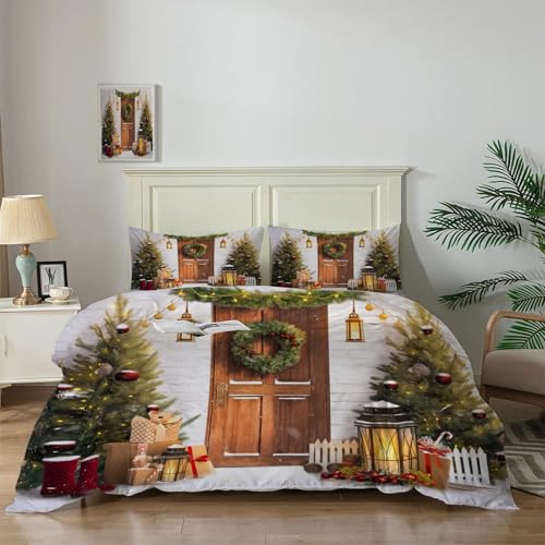 Funda nórdica King con puerta de madera navideña reversible de lujo y fundas 4