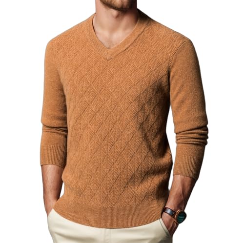 Men's Essential V-Neck Sweater 100% Wool Fashionable Diamond Pattern Classic Long Sleeve Pullover
