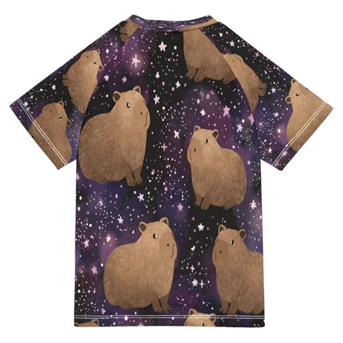 Boys Short Sleeve T-Shirts Capybara Animals Galaxy Rashguard Kids Swim Shirts Sun UPF 50+2