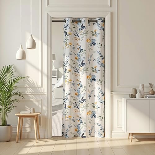 Image of MYSKY HOME Floral Blackout Door Curtain 80 inch Long for Doorway Privacy Grommet Closet Curtain for Open Closet Room Divider for Bedroom Living Room, 1 Panel, Yellow and Blue, 34 inch W