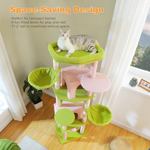 Image of MUTTROS 71.2 inch Large Cat Tree for Multi-Cat Households - Heavy-Duty 9-Level Cat Tower w /5 Sisal Scratching Posts, 2 Condos, 3 Hammocks, Extra-Large Perch & Pompoms - Space-Saving, Pink