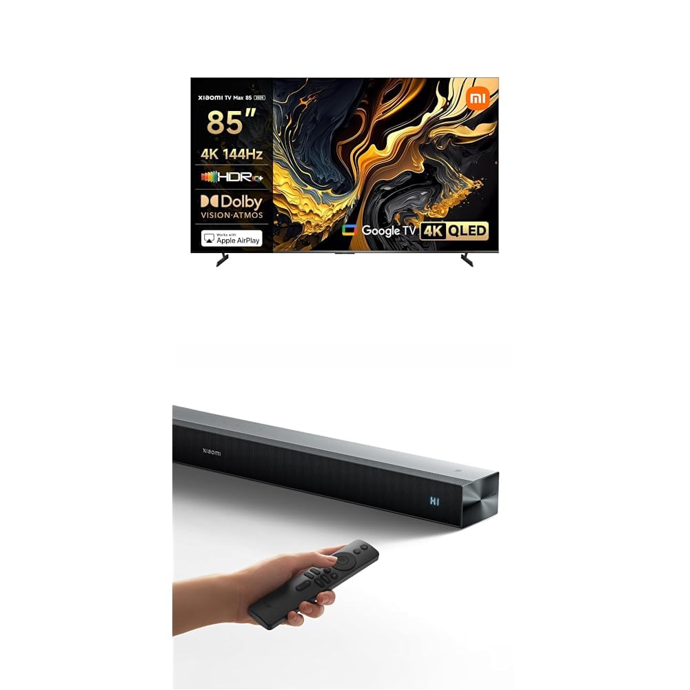 XIAOMI TV MAX 85 2025 & Soundbar Pro 2.0ch Bundle：85" QLED,Google TV, 144Hz,Smart TV,Dolby Visio + Soundbar mit 4 Lautsprechern,integriertem Woofer,Dolby Audio,HDMI ARC/Optisch/Bluetooth