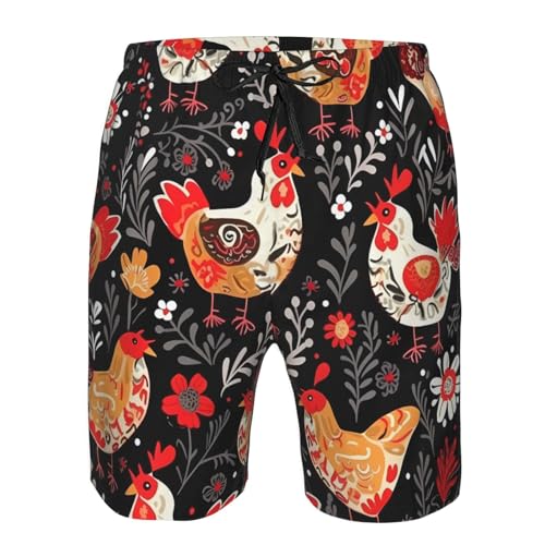 Cute Rooster Chickens Men's Swim Trunks Quick Dry Board Shorts with Pockets Casual Drawstring Beach Shorts 7