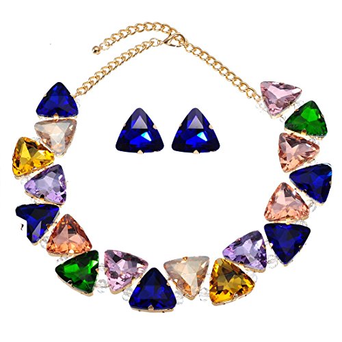 Jerollin Fashion Gold Tone Chain Multi-Color Glass Collar Choker Chunky Statement Bib Necklace