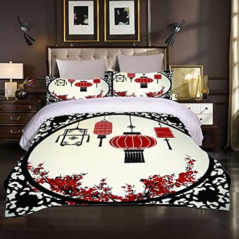 ZSSEZS Duvet Cover Single Bed Bedding Set Quilt Covers With Zipper Closure 3 Pieces Red Chinese Lantern Printed For Bedding Decor, Soft Microfiber Duvet Cover 135X200Cm With 2 Pillowcases Cover