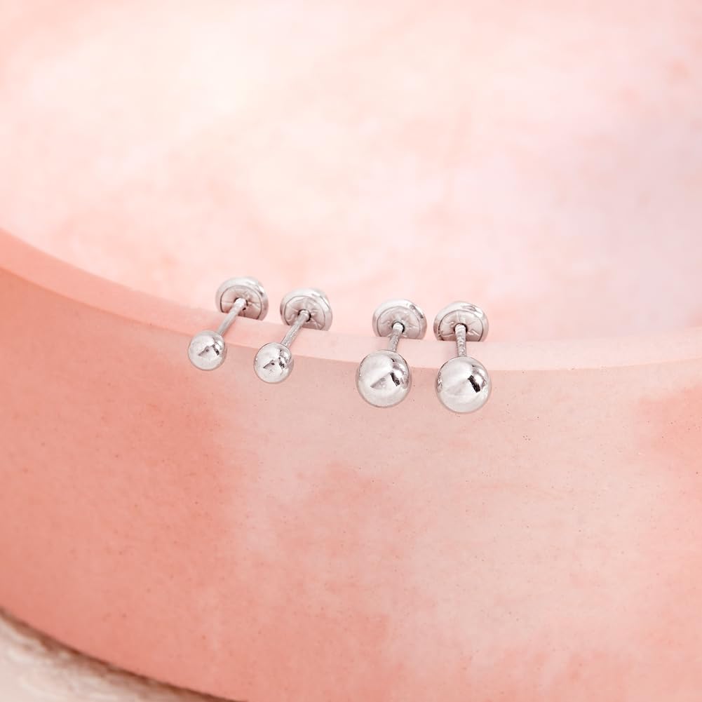 14k White Gold Tiny 3mm - 4mm Plain Ball Stud Screw Back Earrings for Infants & Toddlers, Small Stud Earrings for Babies, Infants & Toddlers- Safety Screw Back Locking for Kids