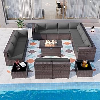Alternative view of ALAULM 15 Pieces Outdoor Patio Furniture Set with Propane Fire Pit Table Outdoor Sectional Sofa Sets Patio Furniture 43" Gas Fire Pit Brown PE Rattan Patio Conversation Set w/12 Cushions (Grey)