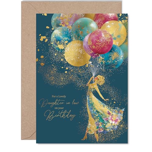 Gold Daughter in Law Birthday Card - Elegant Silhouette Balloons - Happy Birthday Card for Daughter in Law from Father Dad Mother Mum, 5x7 Inch Golden Luxury Floral Dress Bday Greeting Cards