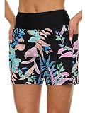 Hurley 5'/7' High Waisted Swim Shorts Women, Board Shorts with Pockets & Inner Liner, Quick Dry Swim Trunk, UPF 50+ Black Multi