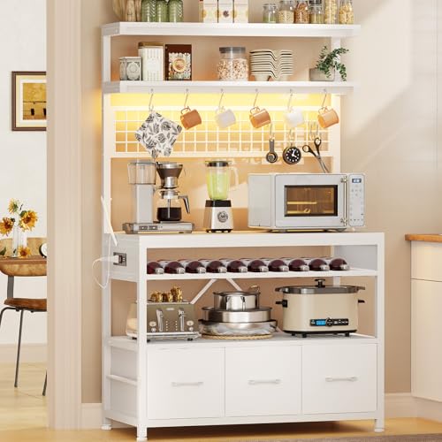 Image of Itaar Bakers Rack with Storage and Power Outlet, 35.4 inch Microwave Stand with Fabric Drawers, Kitchen Coffee Bar Cabinet with Hutch, LED Lights, Wine Rack and Hooks, White