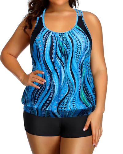 Image of Womens Plus Size Tankini Swimsuit Two Piece Tummy Control Bathing Suit | Blouson Racerback Tankini Top with Shorts, Double Up Design, Removable Pad