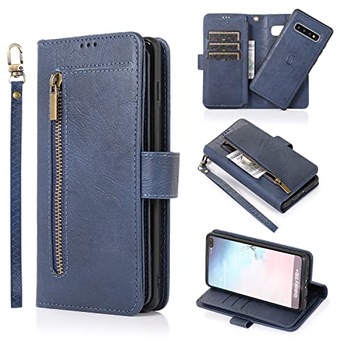 Étui portefeuille pour Galaxy S10 Plus en cuir PU bleu avec porte-cartes détachable