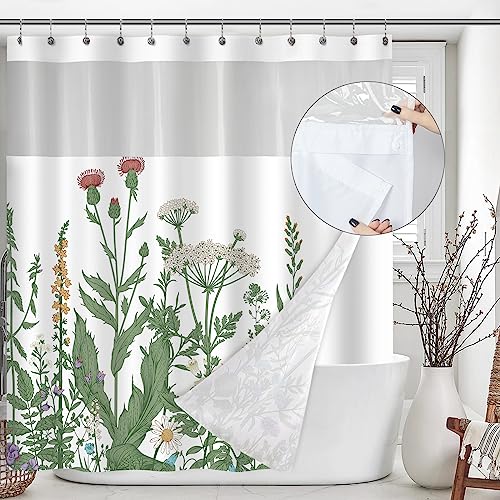 Green Floral Shower Curtain With Snap-In Fabric Liner, Flower Shower Curtains With Mesh Top Window For Bathroom Decor, Plant Bathroom Curtains, See Through Sheer Window, 71X71 #TOP13