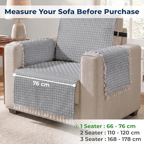 Image of Story@Home Premium Velvet Sofa Cover with Tassels for 1 Seater |Full Protection for Sofa Seat, Back & Arms | Anti Slip Sofa Cover Mat with 2 Armrest Cover, 1 Seater (152 x 61 CM) - Navy Blue & White