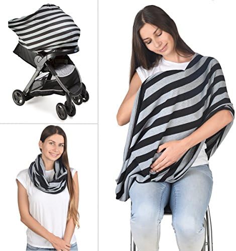 Nursing Scarf Breastfeeding Cover Stylish – Car Seat Cover Canopy, Stroller, Multi-Use Stretchy Breathable Lightweight Shawl for Girls and Boys (Black Grey Stripe)