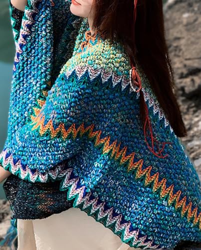 BIVENENT Shawl Wraps for Women Boho Knit Poncho Ladies Rainbow Casual Loose Striped Fringe Blanket Scarf Coat Wedding Gift4