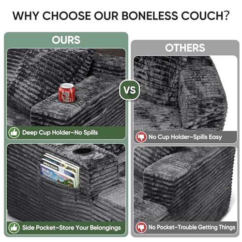 Image of Boneless Couch, 127 inch Sofas for Living Room, U Shaped Couch with Chaise | Sectional Sofa, Cloud Couch Sectional with Cup Holders and Storage, Cloud Sofa with Deep Seat, Grey, Corduroy, No Assembly