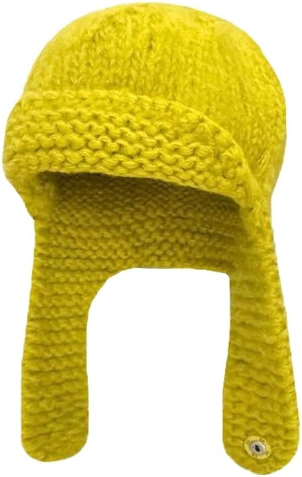 Knitted Trapper Hats Handmade Ushanka Hat Warm Aviator Hat Russian Hat Fashion Ear Protection Hat for Women Girls(Yellow)