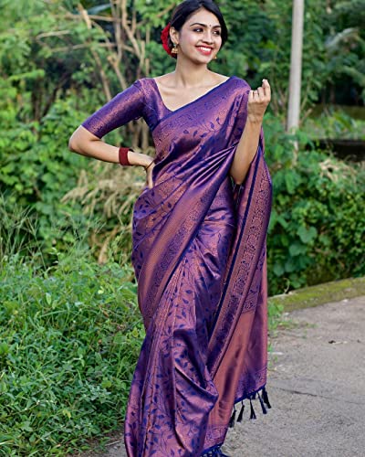 Image of SGF11 Women's Kanjivaram Soft Lichi Silk Saree With Blouse Piece (Purple)