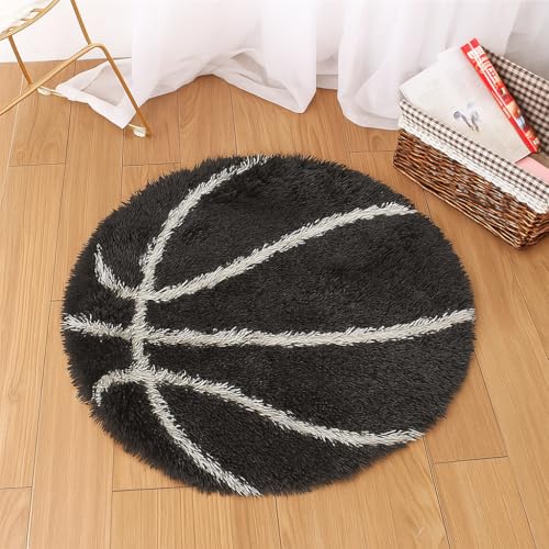 Image of Modern Shaggy Round Rug | Ultra-Soft Plush Circle Carpet for Living Room, Bedroom, Nursery | Fuzzy, Fluffy Area Rug with Non-Slip Base Black Ball 3x3 feet