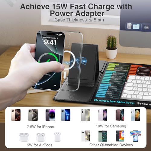 Image of Wireless Charging Mouse Pad with Foldable Phone Holder, 31.5 inchx15.8 inch XXL Excel Cheat Sheet Desk Mat for Laptop /Keyboard, Waterproof Ultra-Smooth Surface, Non-Slip Base