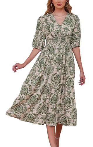Image of Kormei Women Casual Boho V Neck 3 /4 Sleeve Smocked Waist A Line Flowy Swing Midi Dress Smocked Long Dress