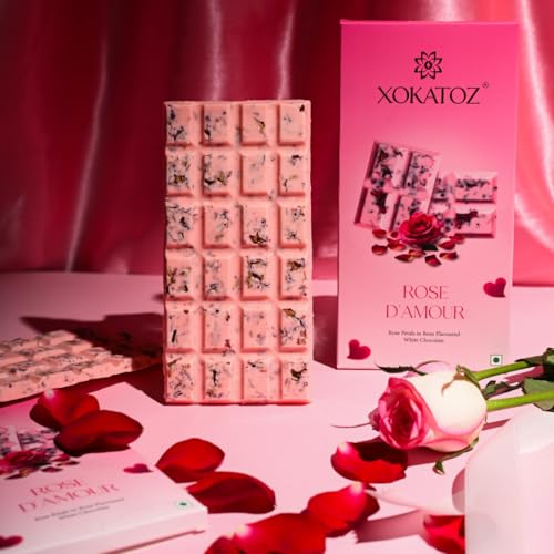 Image of XOKATOZ Exotic Premium Couverture Belgian Chocolate - 1 Rose D'Amour Flavour - Flavoured White Chocolate Bars - Gift Set - Pack of 1, 75 gm (75 gm x 1)