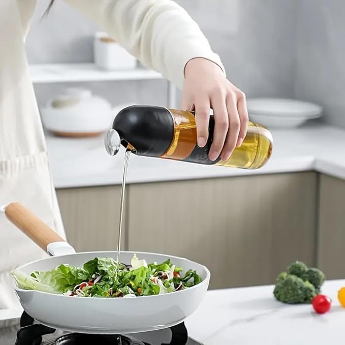 2-in-1 Olive Oil Sprayer and Dispenser Bottle for Kitchen | 500ml Glass Bottle with Premium Nozzle | Cooking Sprayer for Healthy Cooking and Salad Making (Auto Open Close)