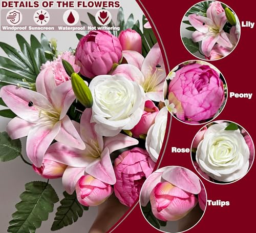 Image of Artificial Cemetery Flowers for Grave Decorations: Gravesite Flowers of Pink Peony Rose Daisy Lily Bouquet with Vase - Ideal for Sympathy & Memorial Tributes