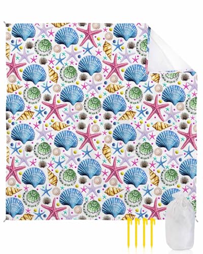 Ocean Blue Shell Beach Blanket Large with Stakes Waterproof Sandproof,Multi Coastal Starfish Sea Conch Foldable Beach Mat with Corner Pockets for Outdoor Travel Camping Hiking Picnic 83