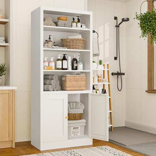 Image of Kitchen Pantry Cabinet, 55 inch Tall Metal Storage Cabinet with Doors and Shelves, Pantry Storage Cabinets for Kitchen, Living Room, Dining Room，White