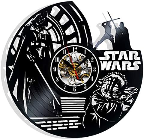 Star Decor Wars Vinyl Wall Clock with Epic Space Movie Characters Vintage Space Movie Heroes Themed Art Home Room Decorations Gift for Birthday Holiday Christmas 12” LP Clock Black